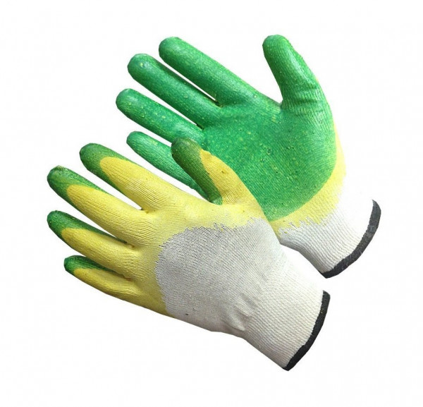 Перчатки хб с двойным латексным покрытием, зеленые | Цена 44 ₽ | Купить в Москве